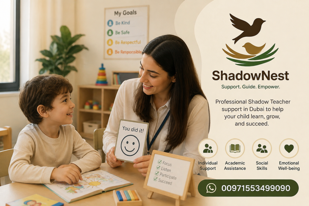Professional Shadow Teacher in Dubai providing one-to-one classroom support to a child in an inclusive school environment.