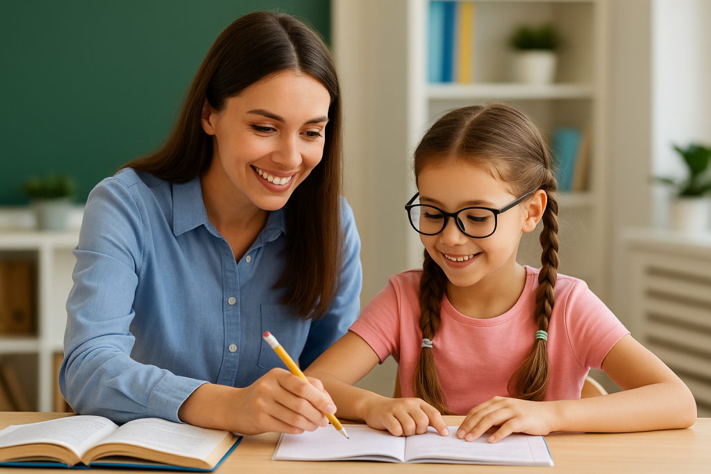 A trained shadow teacher in UAE supporting a young girl in a classroom