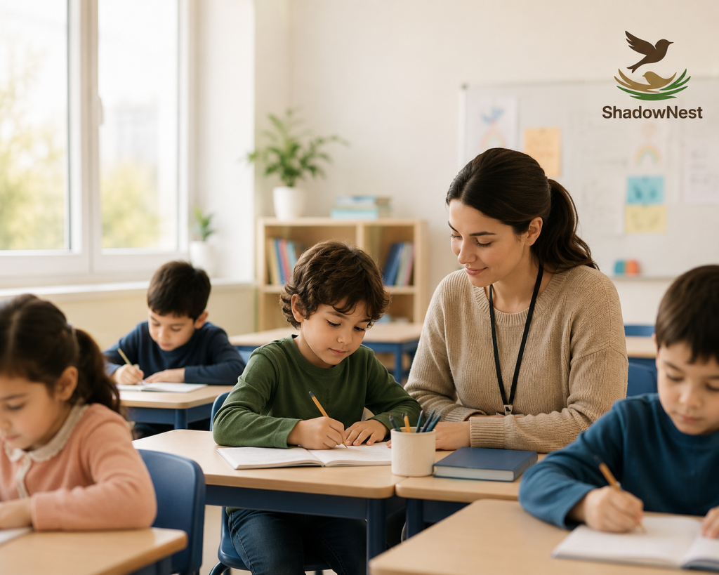 Shadow teacher providing one-to-one classroom support to a child during a lesson in an inclusive school in Dubai.