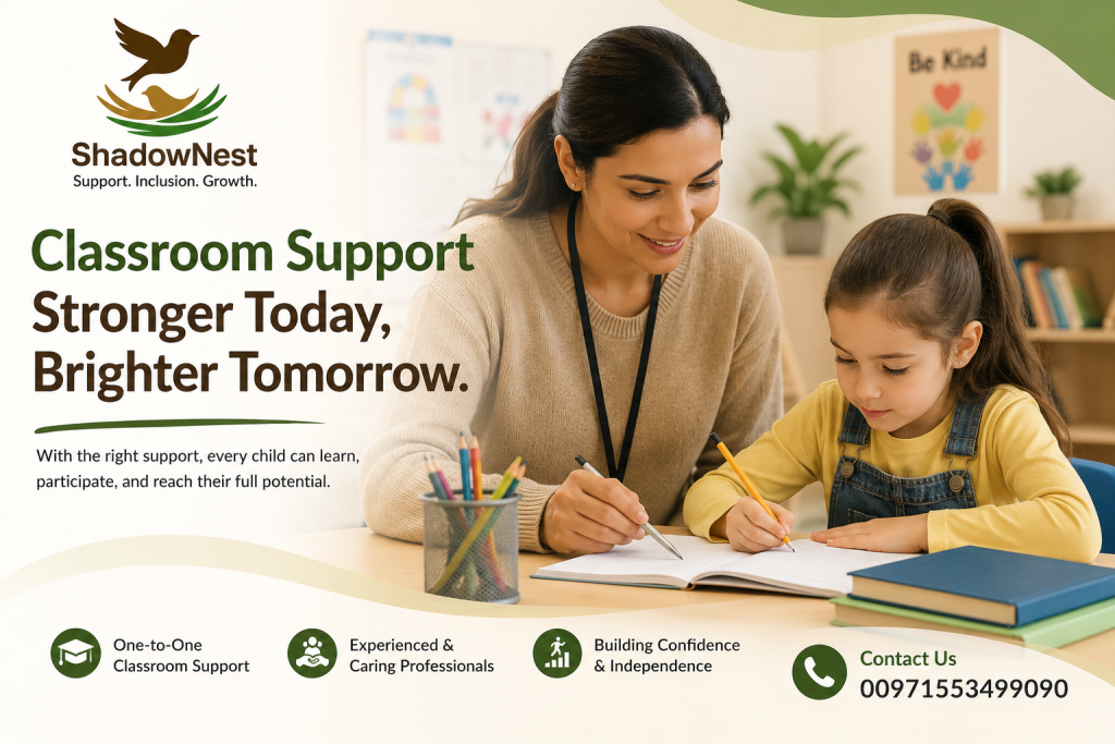 Classroom support provided by a shadow teacher to a child in an inclusive school