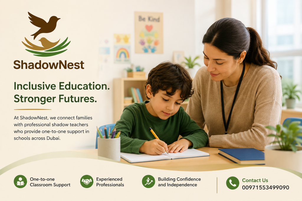 Inclusive education classroom with a shadow teacher supporting a child with additional learning needs in Dubai