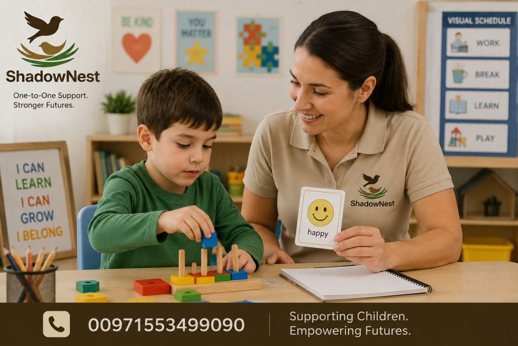 Autism Shadow Teacher providing one-to-one classroom support to a child with autism in an inclusive school in Dubai.
