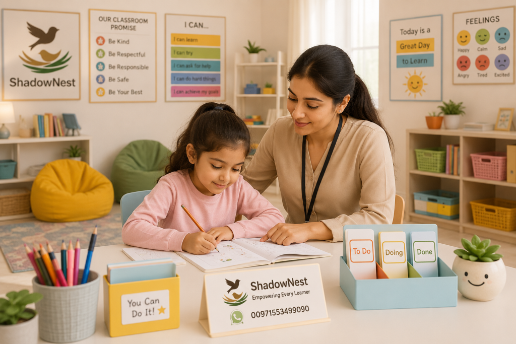 Learning Support specialist providing individualized educational support to a child in an inclusive classroom environment.