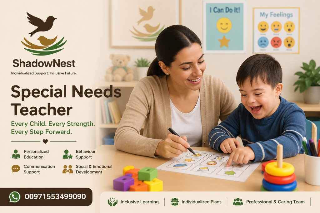 Professional Special Needs Teacher providing individualized educational support to a child in an inclusive classroom at school.