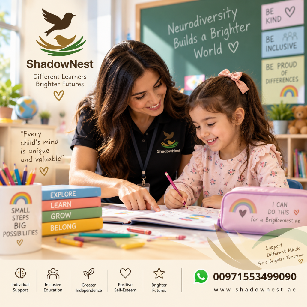 Neurodiversity support with a shadow teacher and girl in the classroom