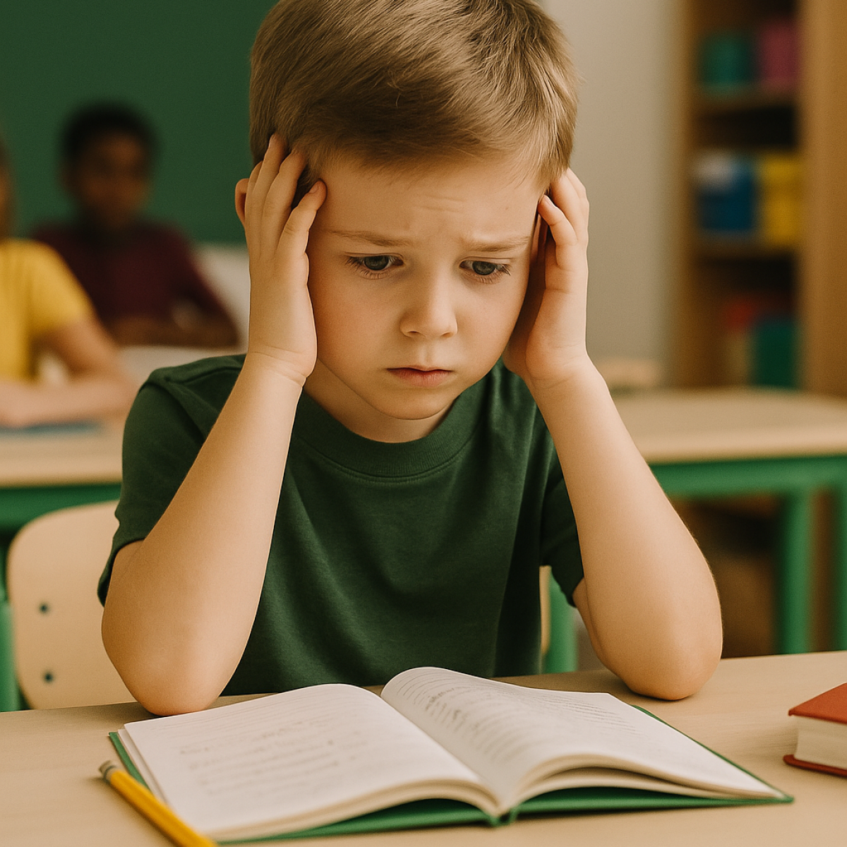 Frustration in the Classroom Frustrated boy holding his head while reading a book in a classroom.